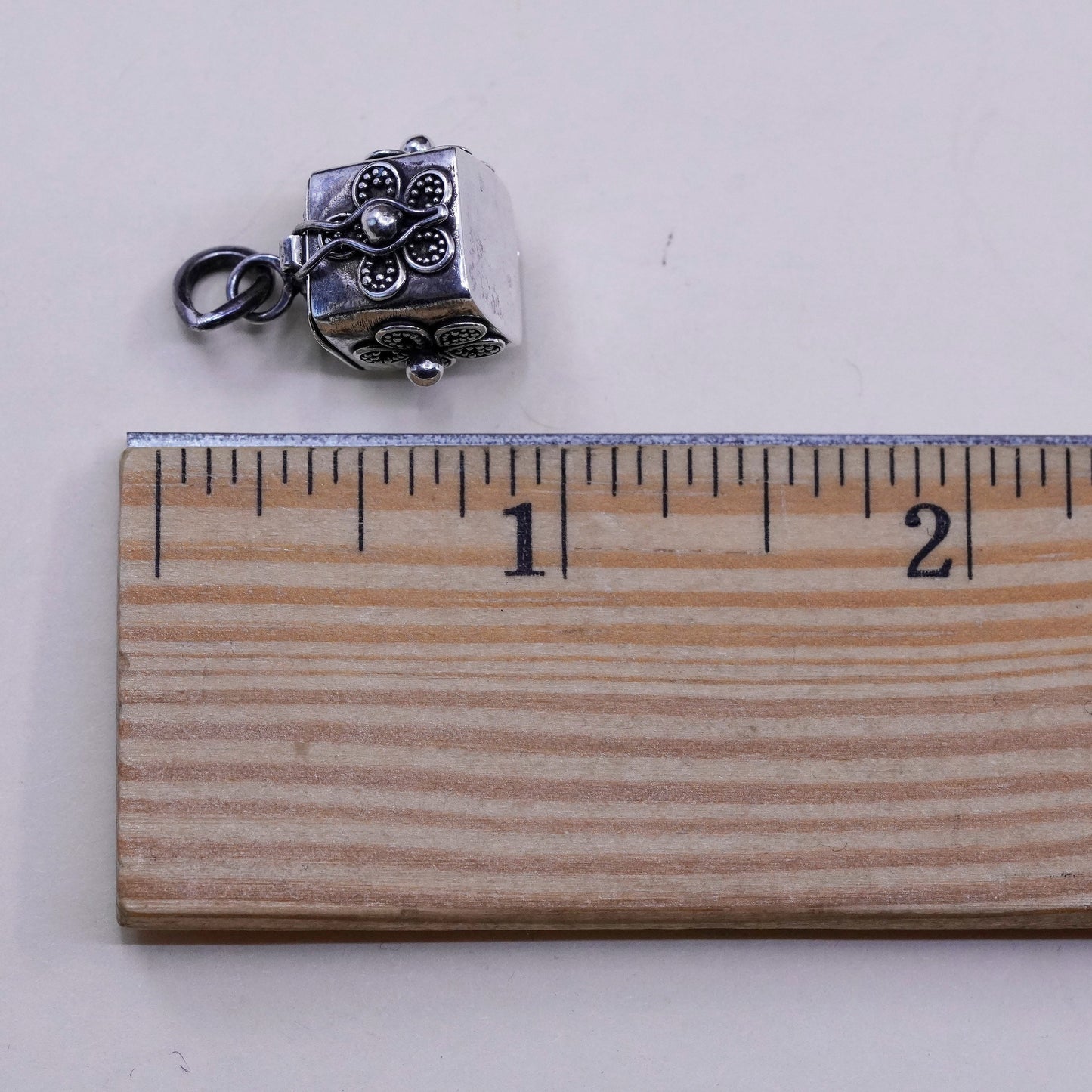 vtg Sterling silver prayer box pendant, 925 handmade locket charm lucky clover