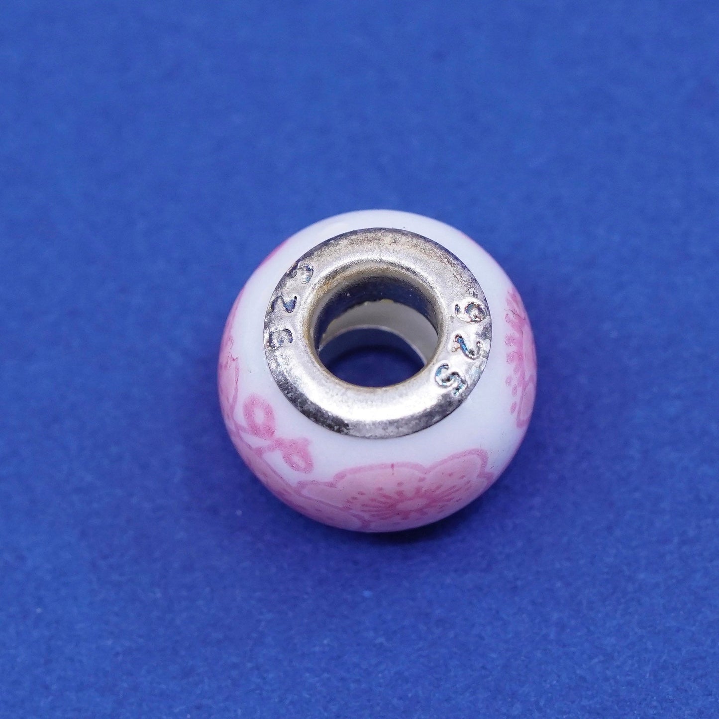 Sterling silver handmade bead pendant, 925 charm pink floral ceramics pottery