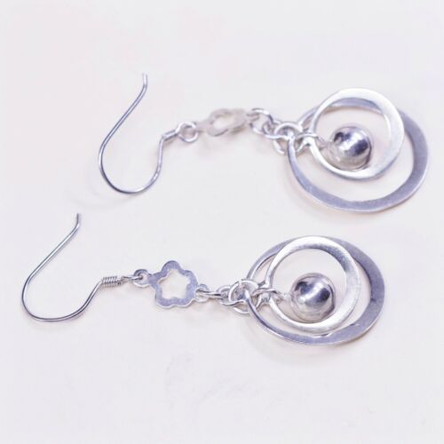 vtg Sterling silver Handmade earrings, 925 circle w/ bead dangles, Silver Tested