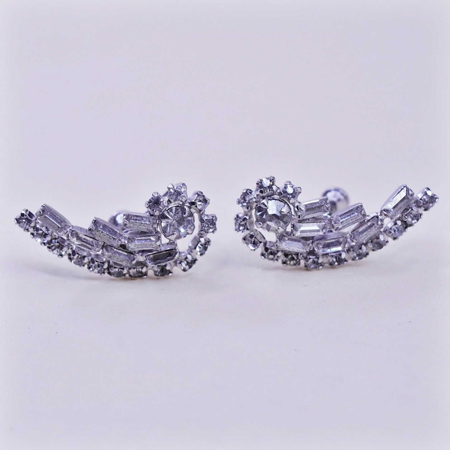 1950s sterling 925 silver earrings swirly screw back earrings with rhinestone