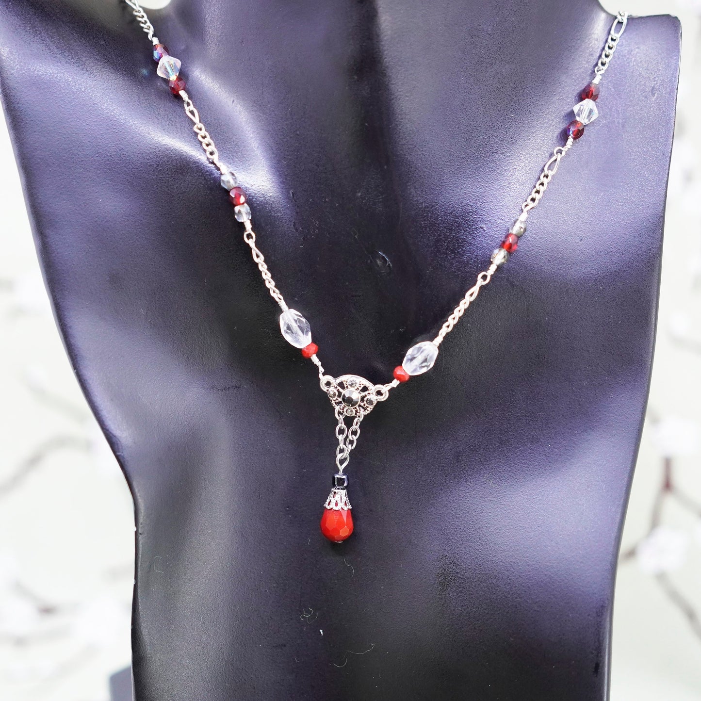 18”, sterling silver necklace, 925 figaro chain red teardrop glass pendant