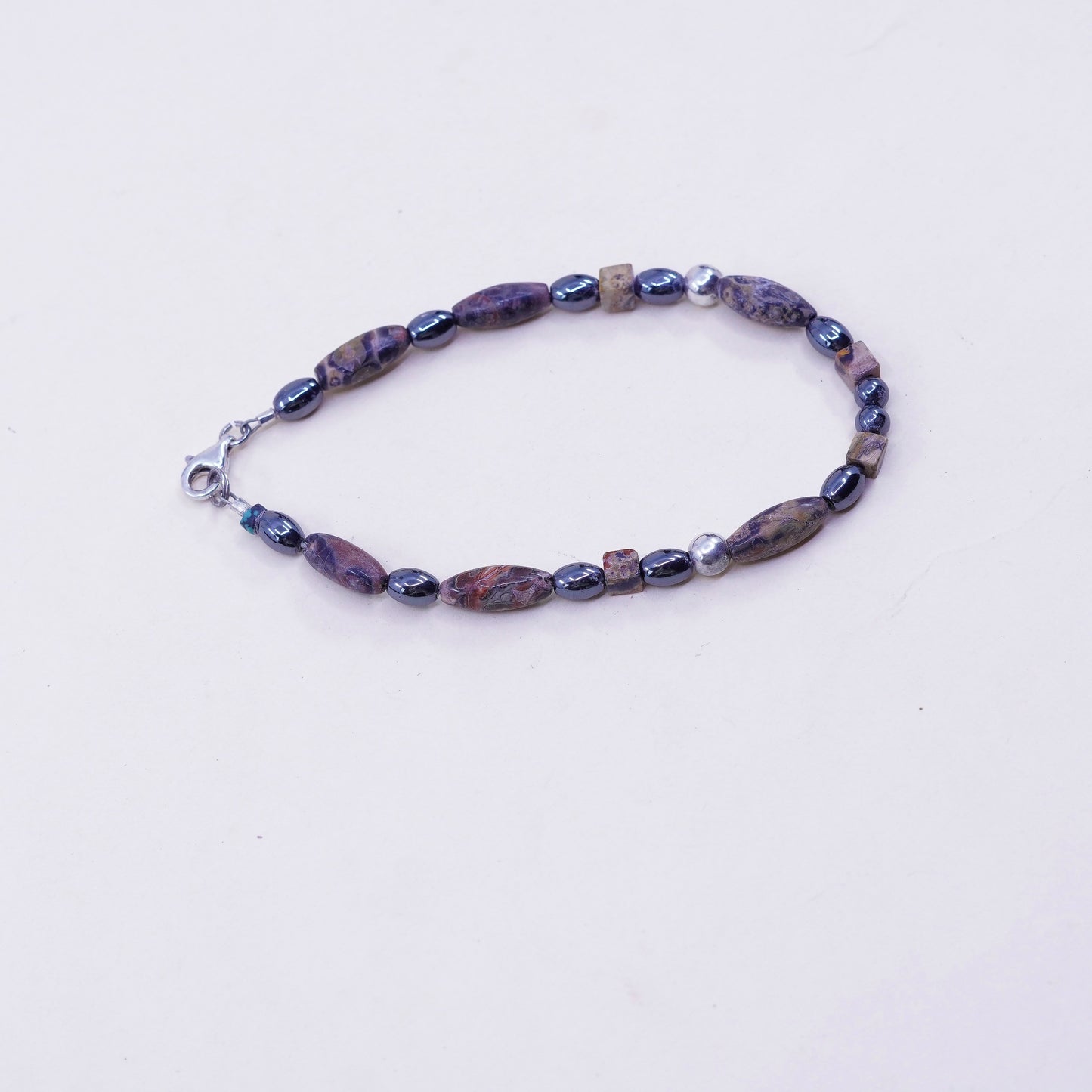 7”, handmade vintage Jasper beads bracelet with Sterling silver closure