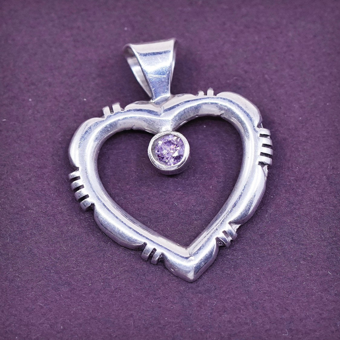 vtg Sterling silver heart handmade pendant, 925 w/ amethyst
