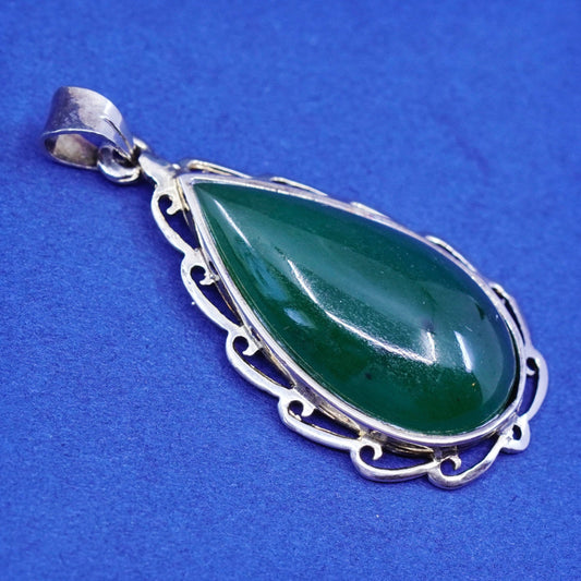 vtg Sterling 925 silver handmade pendant with teardrop jade N filigree trim