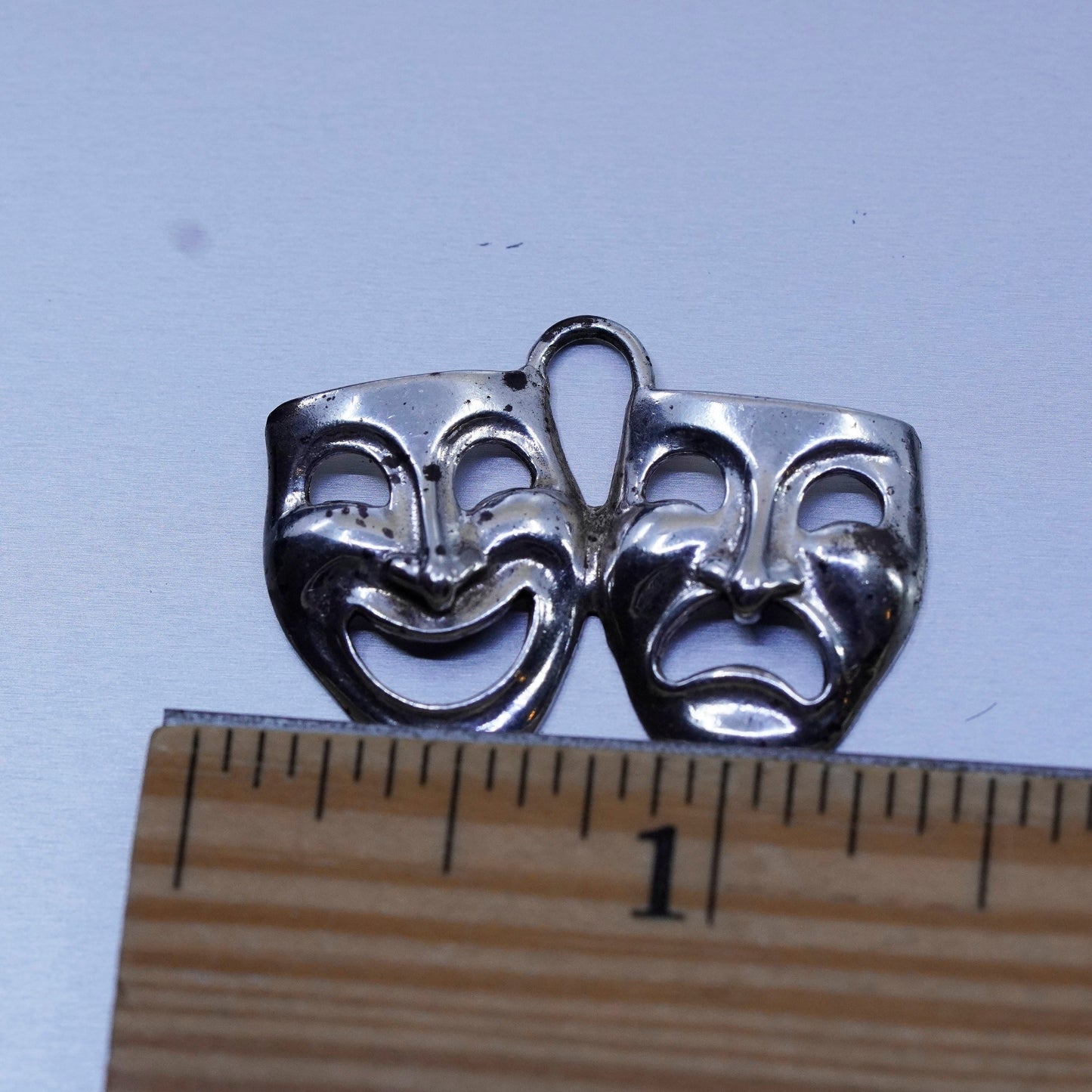 vtg sterling 925 silver handmade textured happy sad Comedy face charm pendant