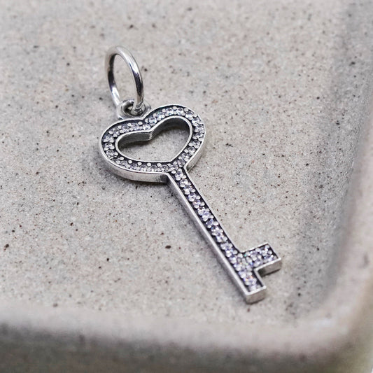 Vintage sterling silver key with cz crystal pendant, 925 key charm