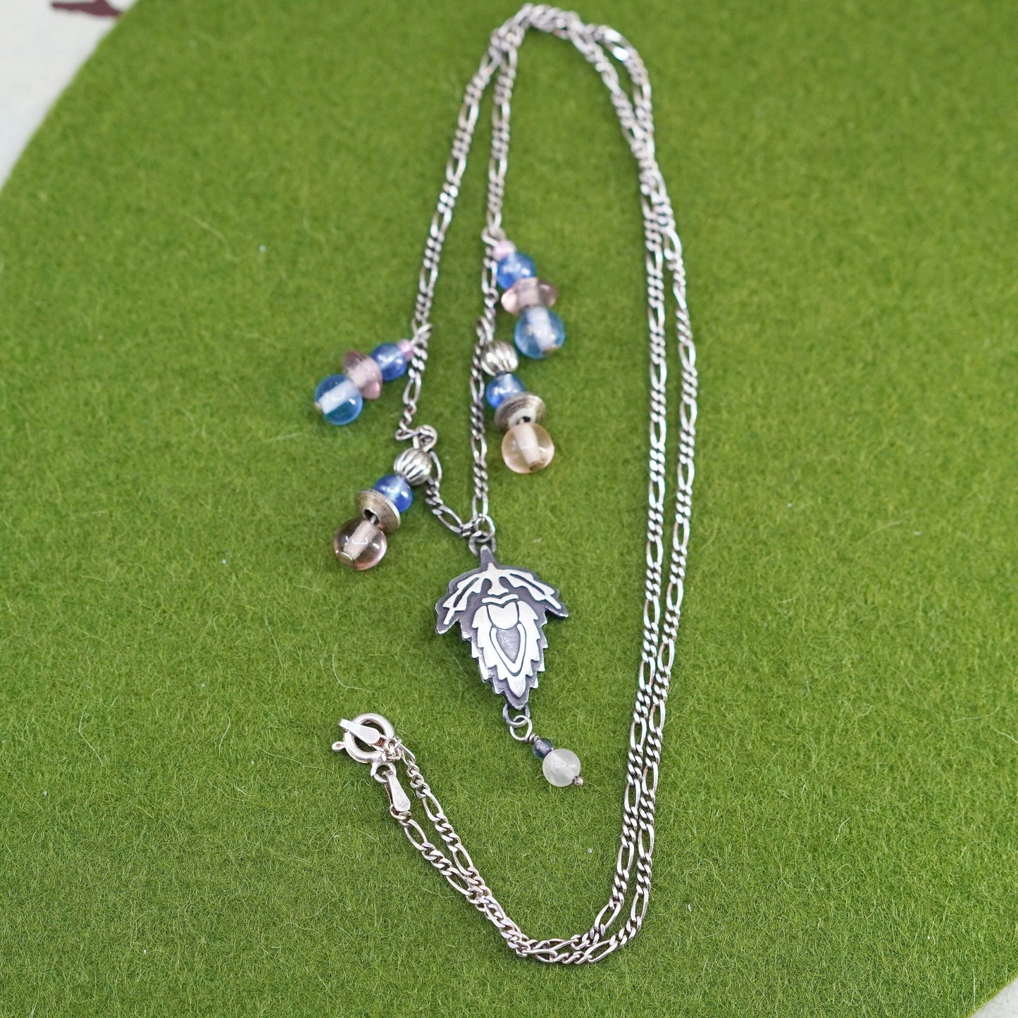 20”, far fetched sterling silver necklace, 925 figaro chain w/ blue glass beads