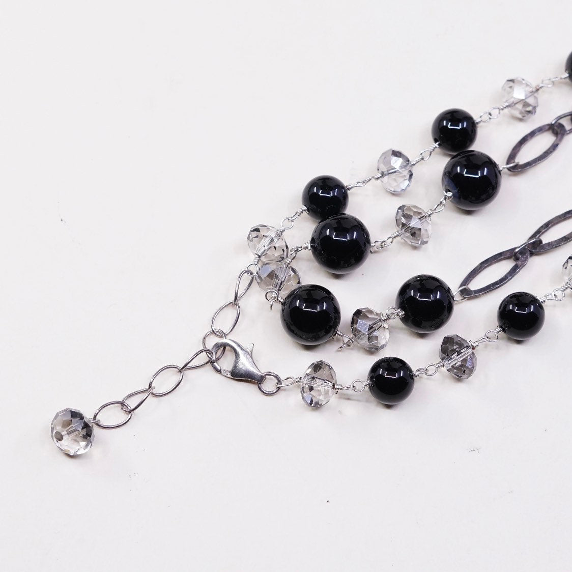 34" sweater Sterling silver handmade necklace 925 flatten chain w/ obsidian