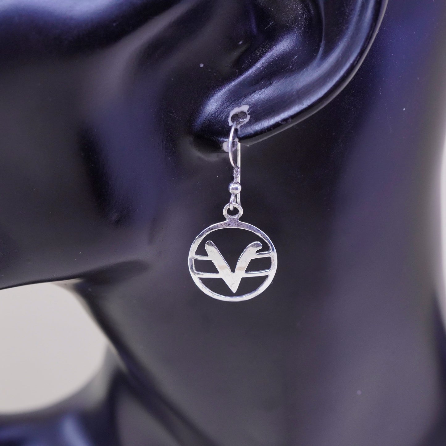 Sterling silver handmade earrings, Mexico 925 circle dangle with initial V