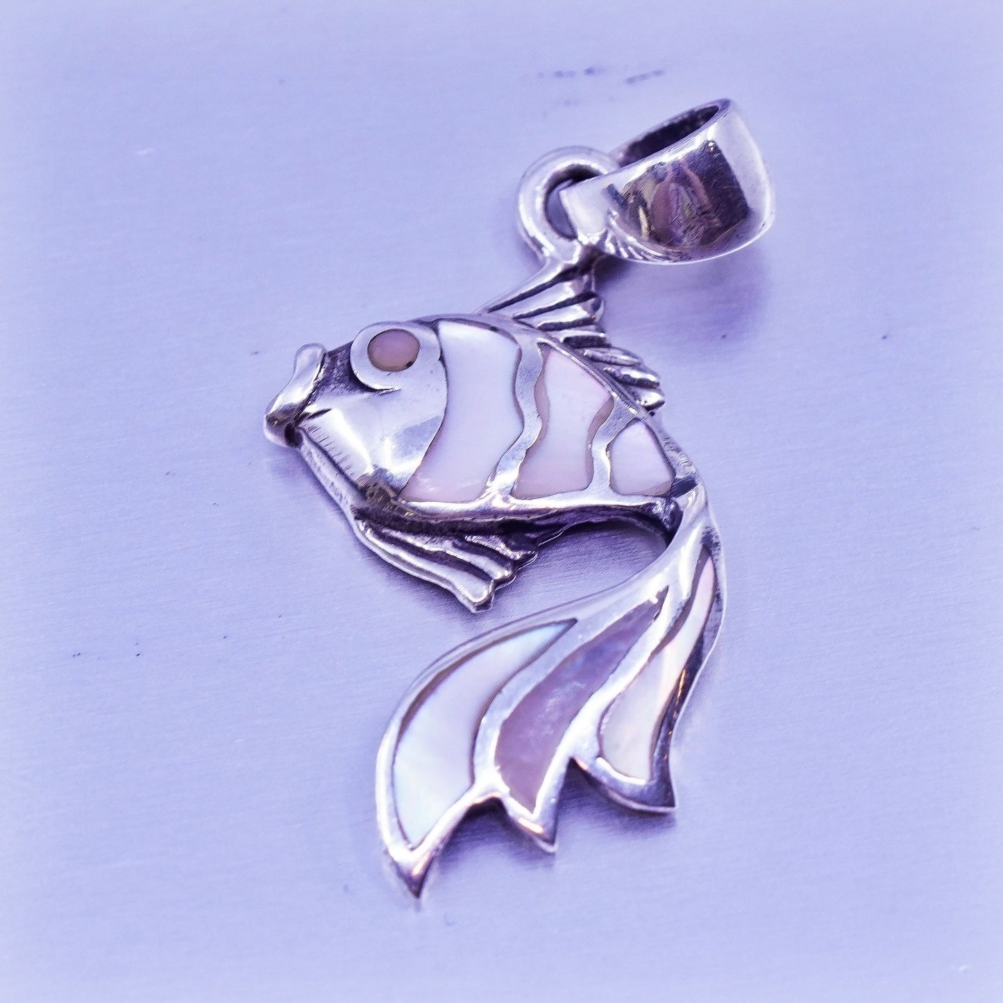 Antique Sterling silver handmade 925 fish goldfish pendant with mother of pearl