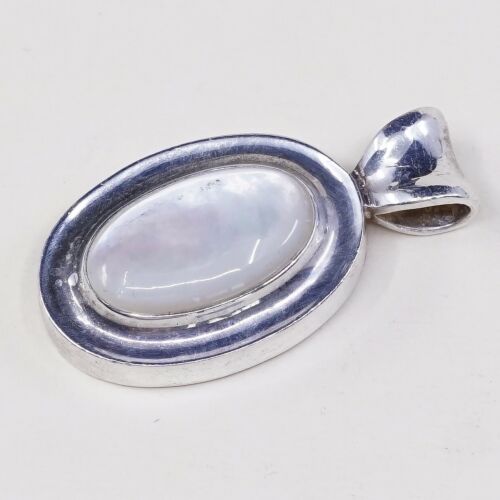 Vtg Sterling Silver Handmade Pendant W/ Oval Mop Inlay, Stamped 925 LT Thailand