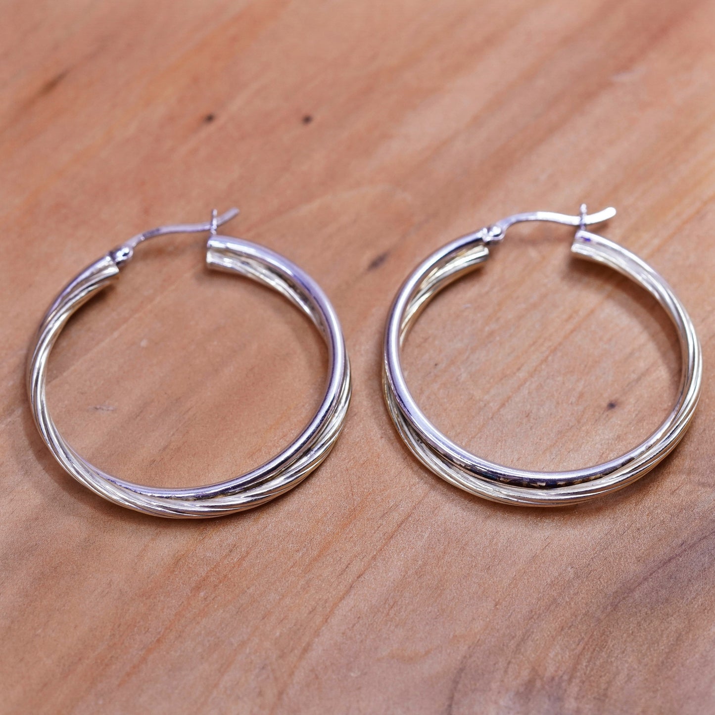 1.5”, two tone Sterling silver handmade earrings, 925 silver entwined circle