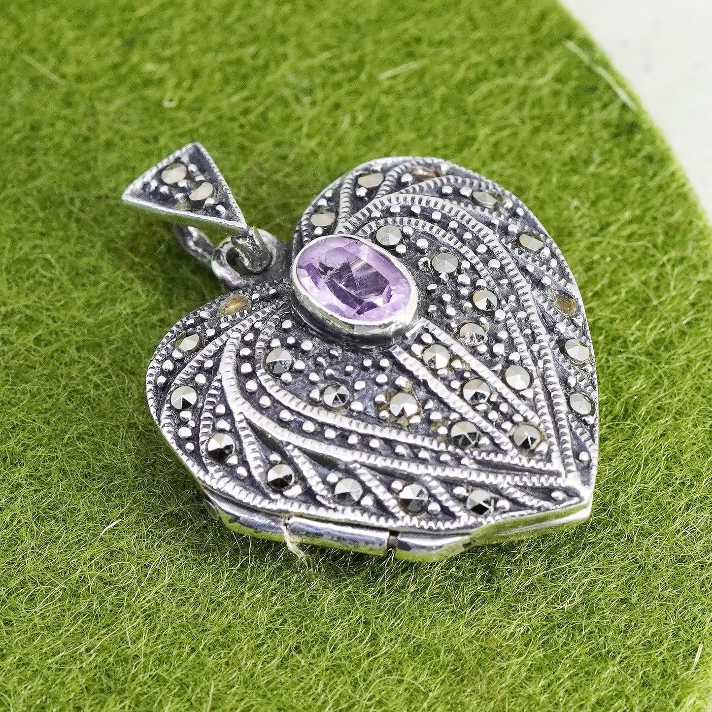 Sterling silver handmade pendant, 925 heart locket charm amethyst Marcasite