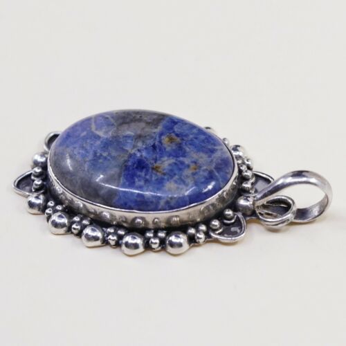 Vtg Sterling Silver Handmade Filigree Bali Pendant W/ Oval Sodalite, Stamped 925