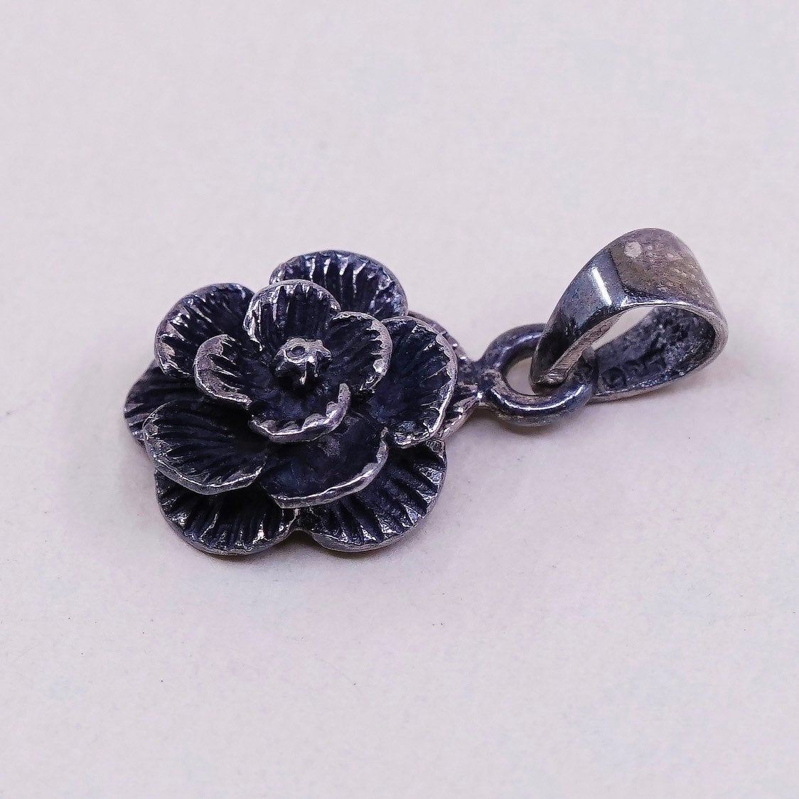 VTG Sterling silver handmade pendant, oxidized 925 silver flower, stamped 925