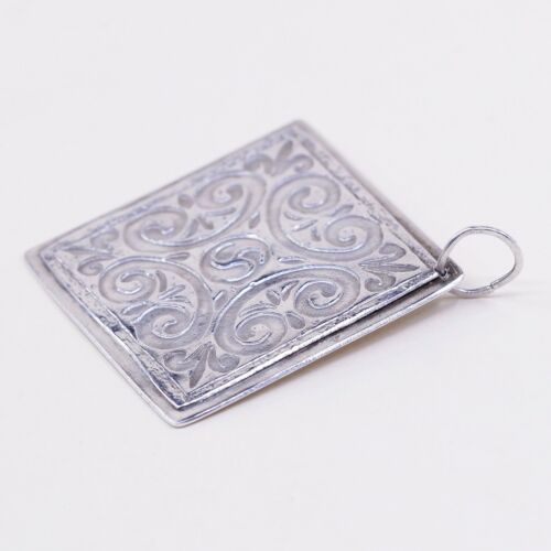 Vtg Sterling 925 Silver Handmade Square Pendant W/ Filigree Swirl, Silver Tested