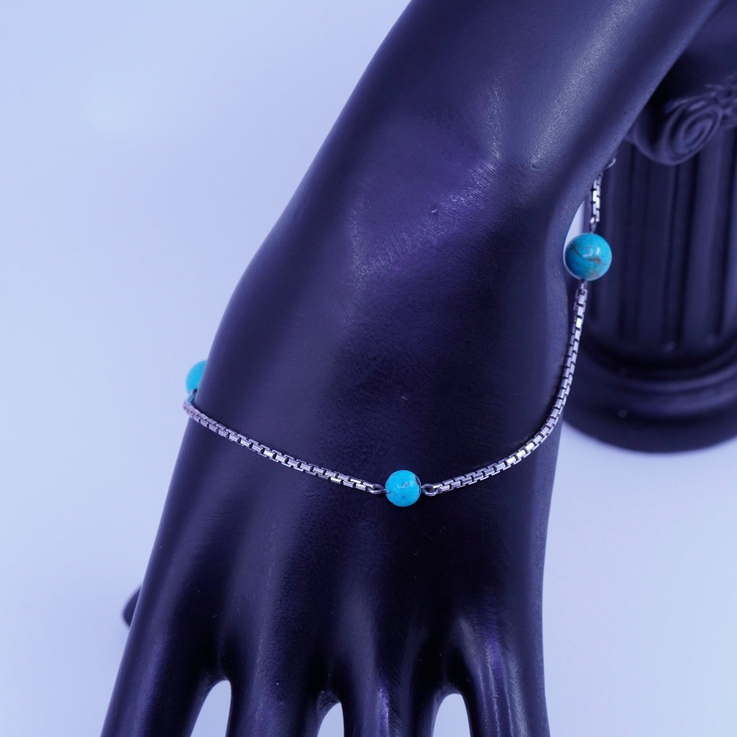 8.5”, Italy Sterling 925 silver handmade bracelet, box chain turquoise beads