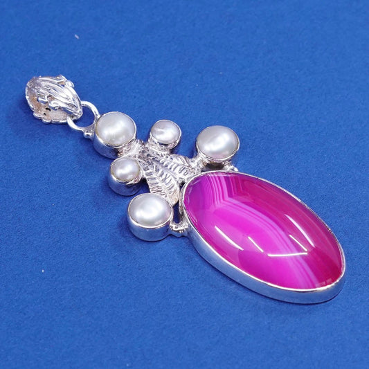 vtg sterling silver handmade pendant, 925 w/ pink lace agate N pearl