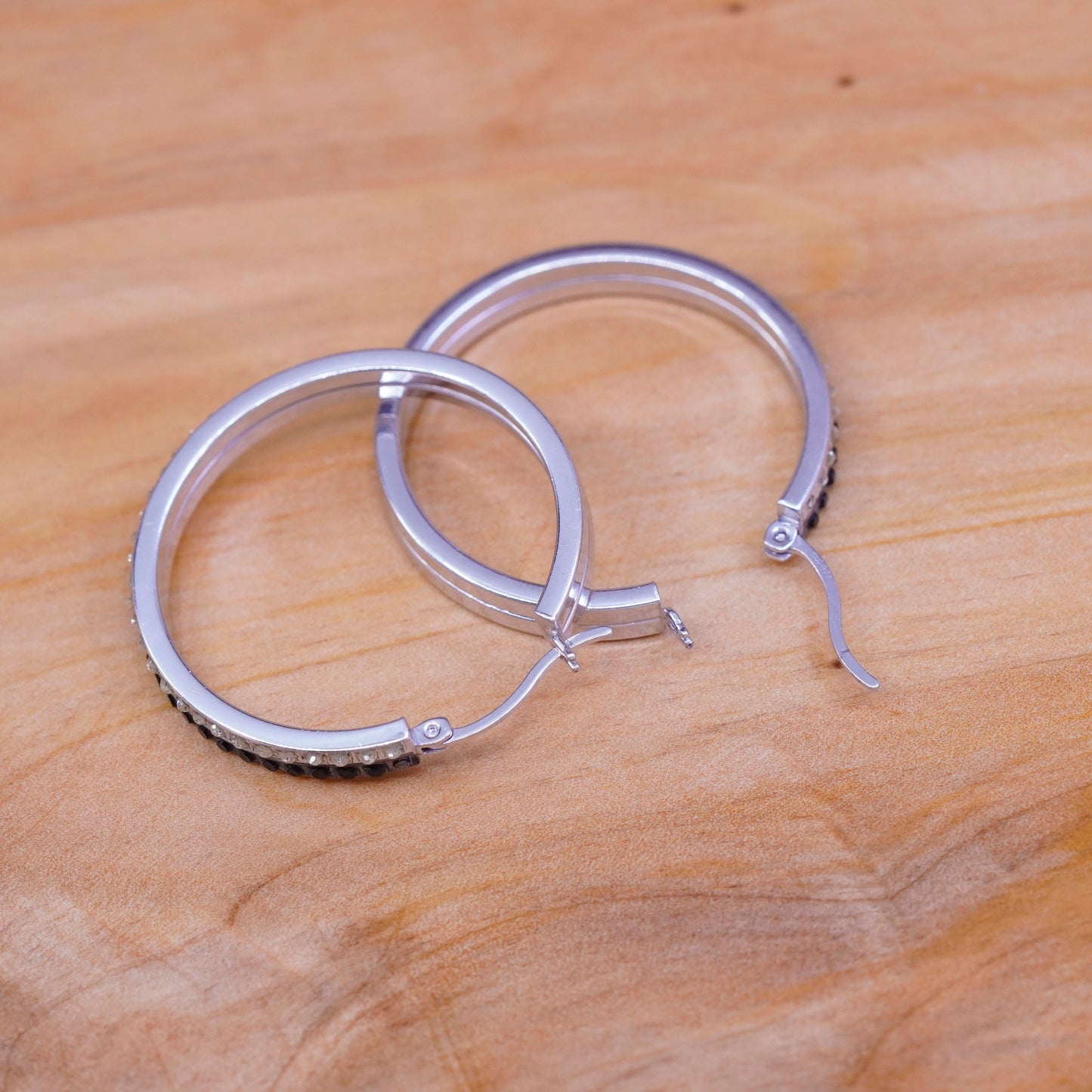 1.25”, vtg SLC Sterling silver handmade earrings, 925 hoops w/ cluster crystal