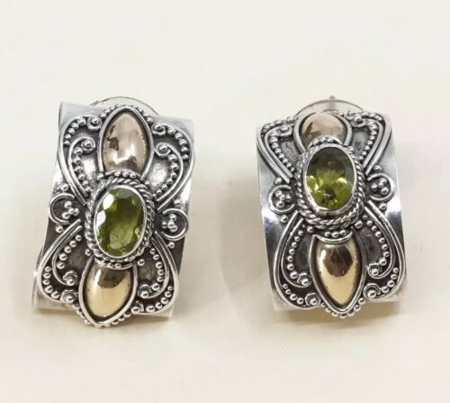 Vtg Two Tone Sterling Silver Handmade Earrings, 925 Studs W/ Peridot N Beads