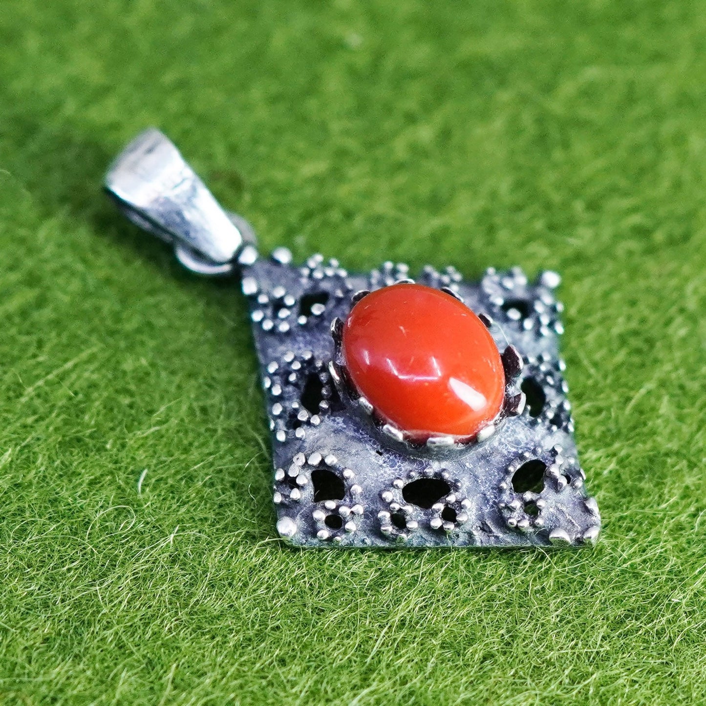 Vintage sterling 925 silver handmade pendant with red onyx and beads