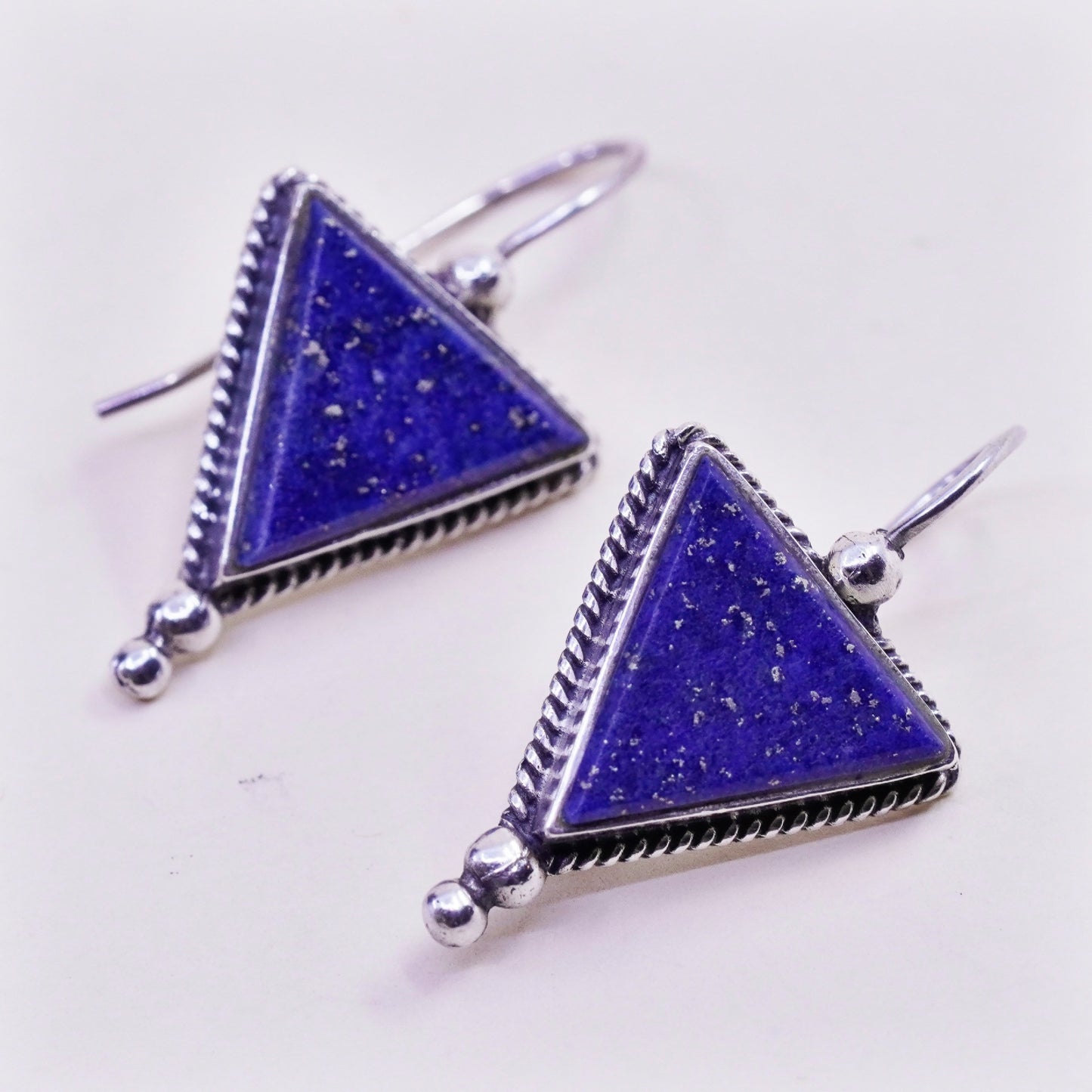 Vintage PRECIV Sterling 925 Silver Handmade earrings w/ triangular lapis lazuli