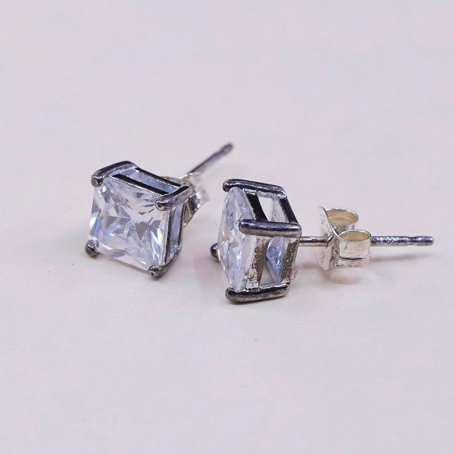 vtg sterling silver square clear CZ studs, fashion minimalist earrings