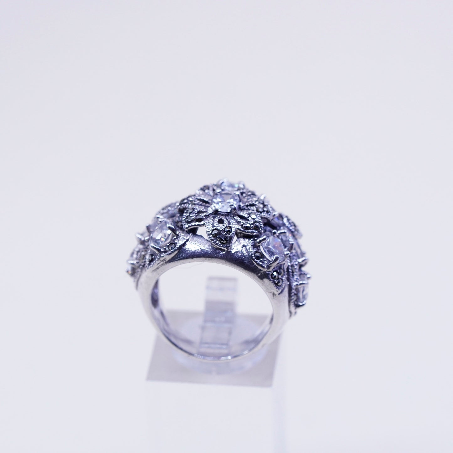 sz 7.75, Vintage sterling 925 silver statement ring w/ crystal Marcasite flower