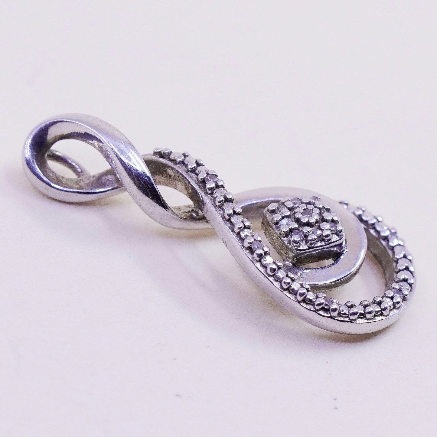 vintage Sterling silver Pendant, 925 entwined teardrop with real diamond