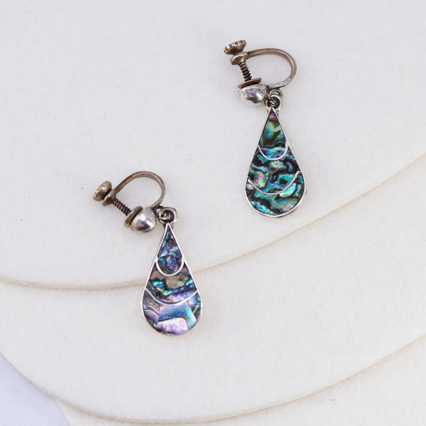 Vintage Sterling 925 silver handmade earrings, teardrop screw back with abalone