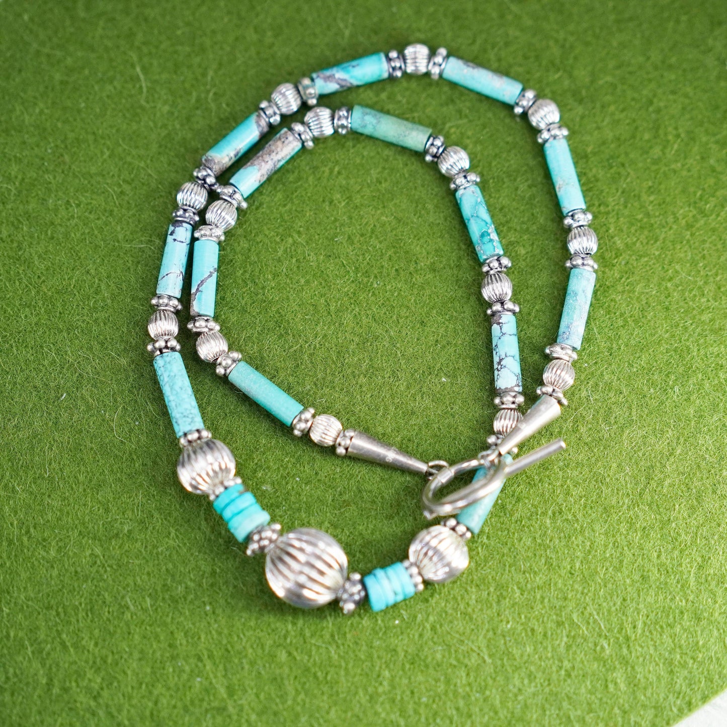 18”, Native American Navajo Sterling necklace, 925 silver beads turquoise tubes