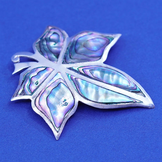 Vintage Taxco Sterling silver handmade brooch, 925 maple leaf pin abalone Inlay