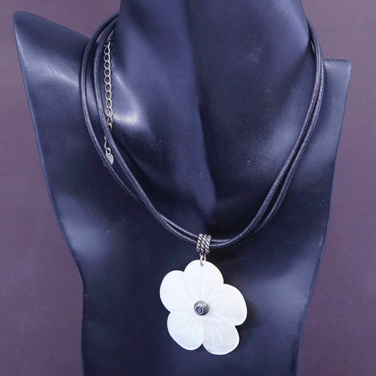 14+4”, multi strands leather necklace sterling 925 silver MOP flower pendants