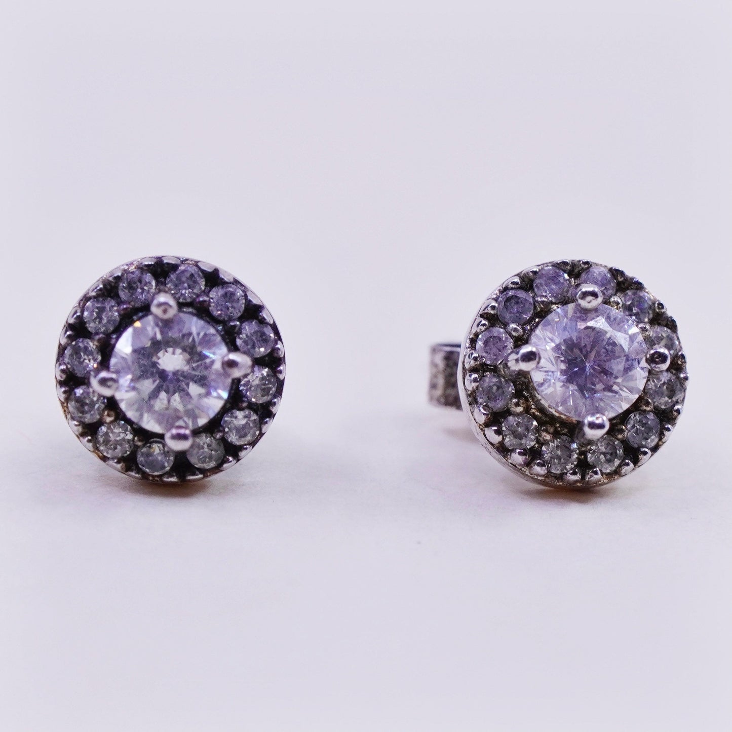 Vintage sterling silver round clear CZ studs, earrings