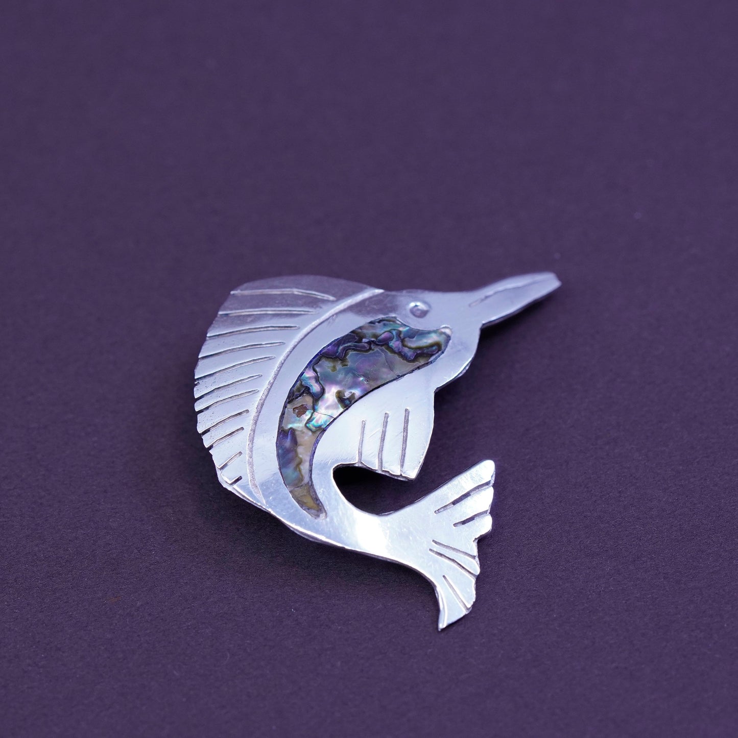 Vintage antique handmade sterling 925 silver fish brooch with abalone