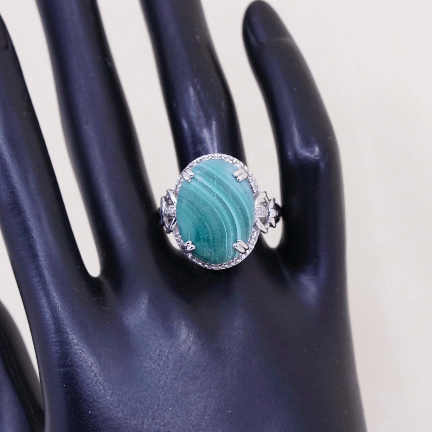 Size 9.25, sterling 925 silver handmade ring with malachite and cluster diamond