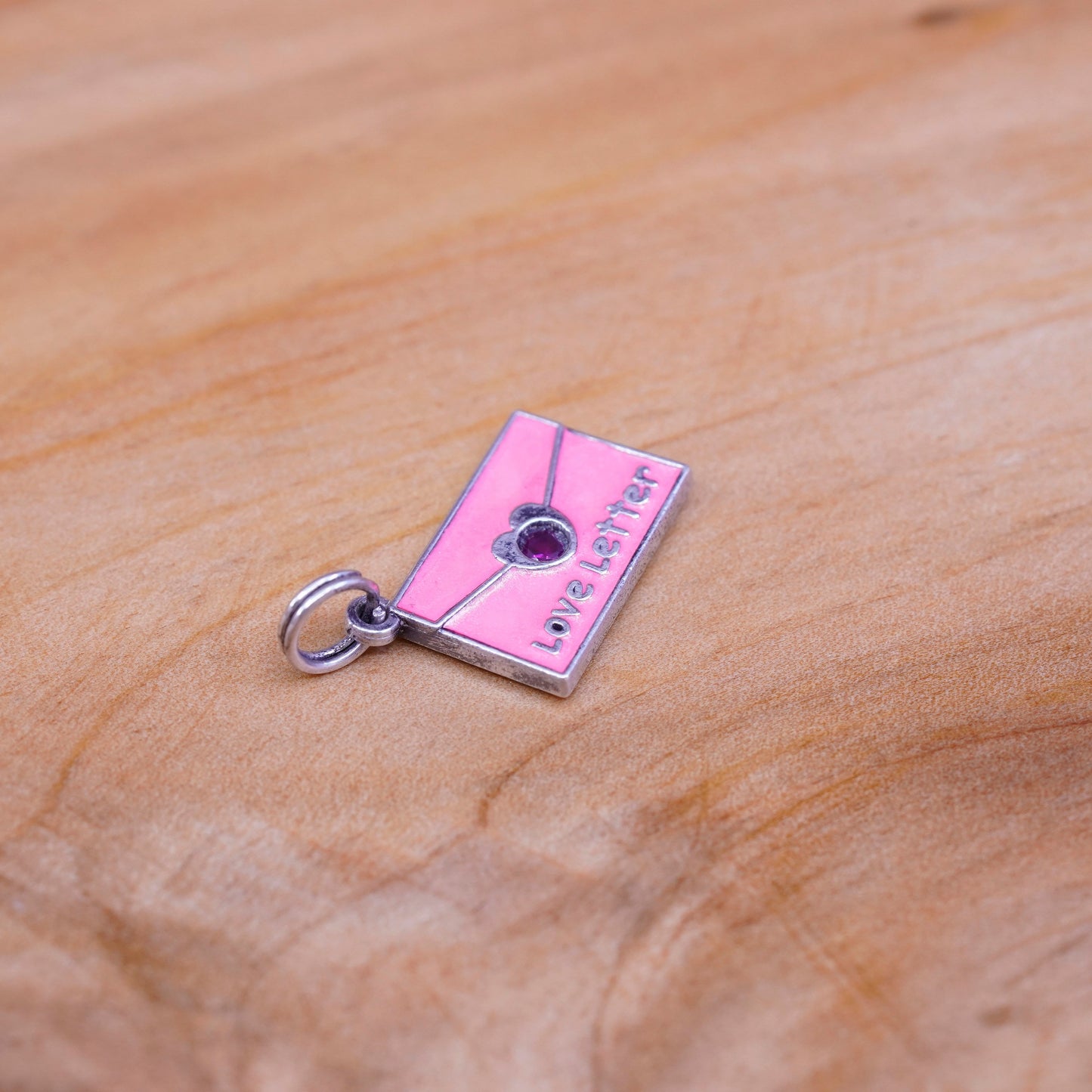 vtg Sterling 925 silver handmade love letter pendant with pink enamel and ruby