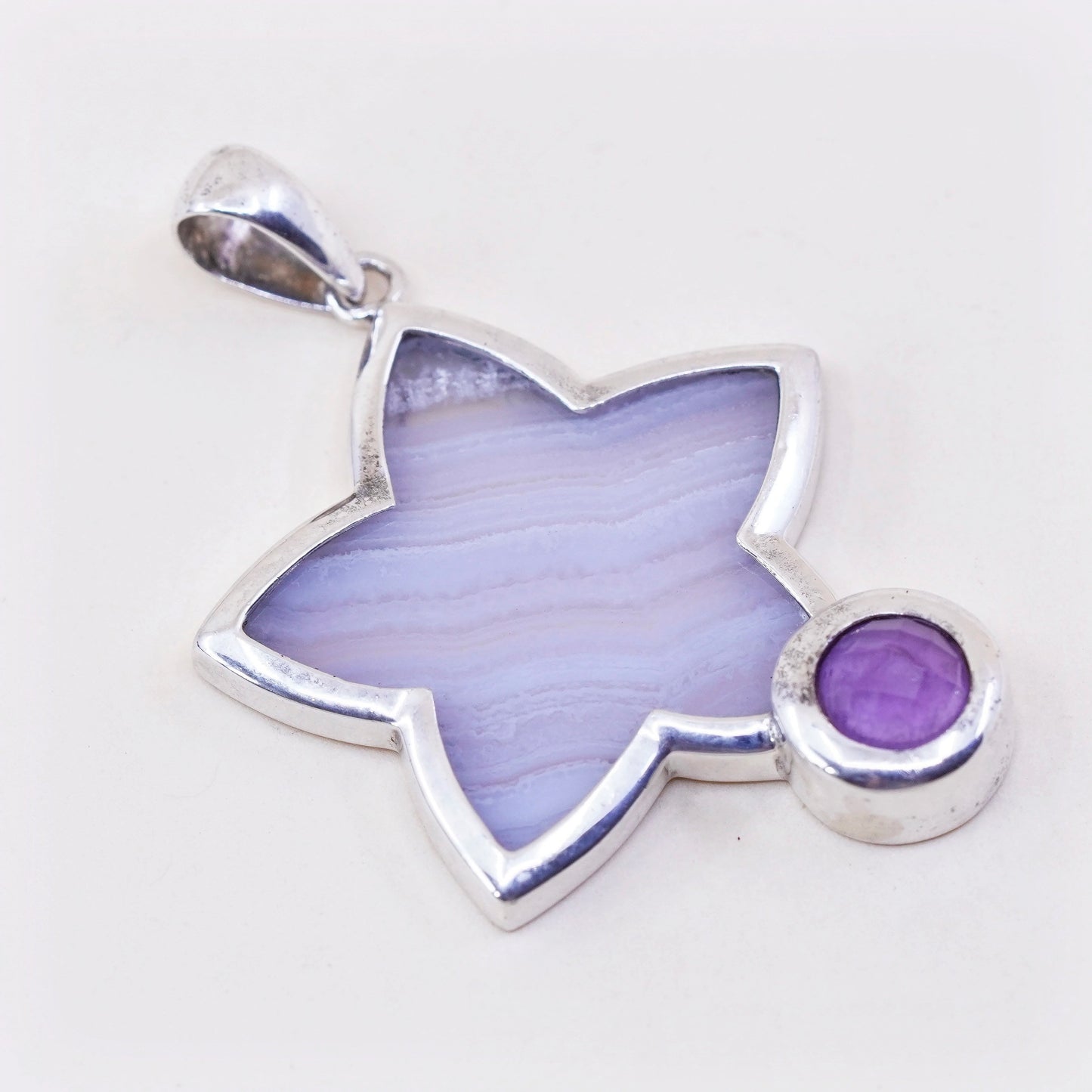 Vintage sterling 925 silver handmade pendant, with star lace agate and amethyst