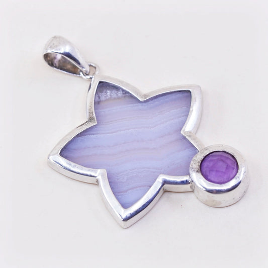 Vintage sterling 925 silver handmade pendant, with star lace agate and amethyst