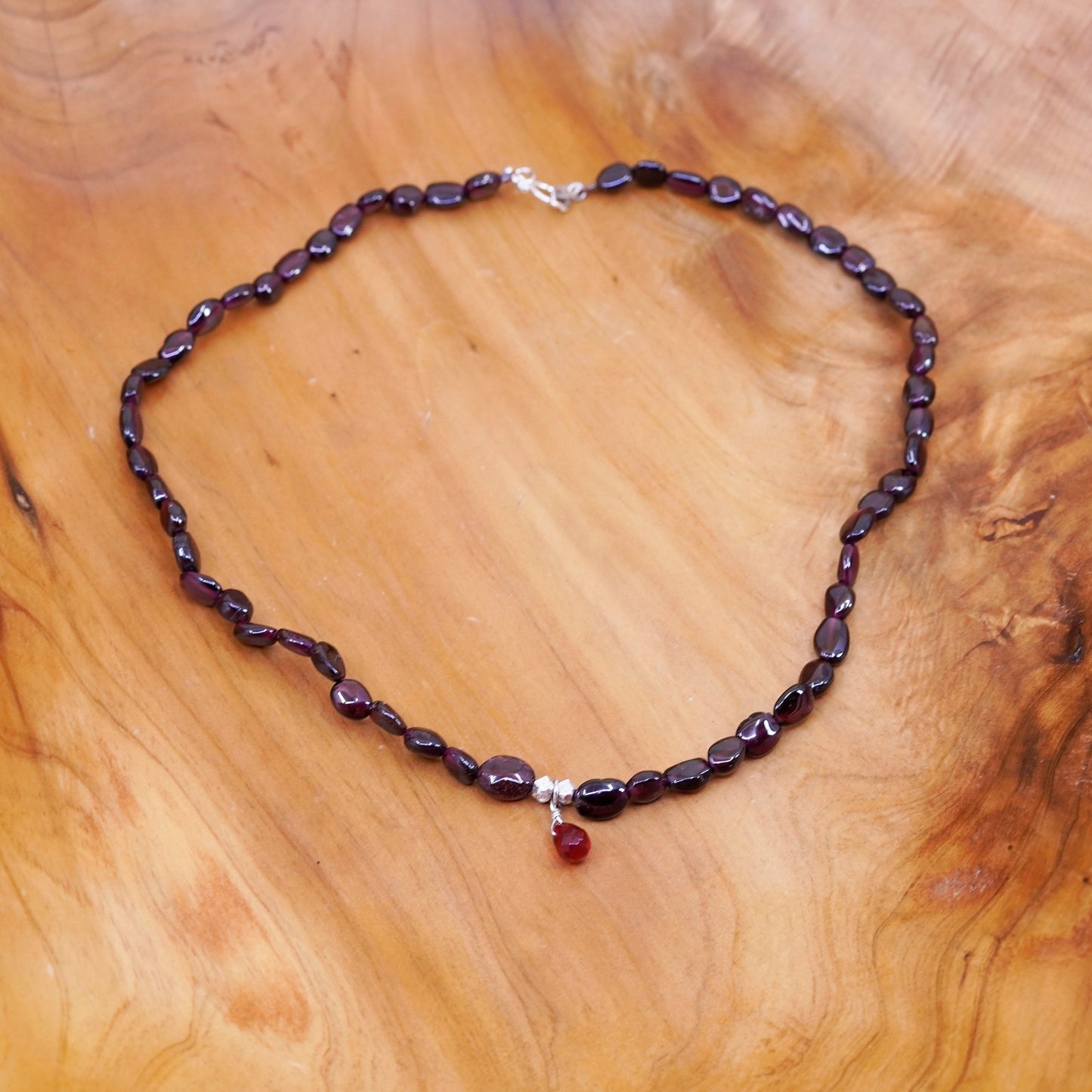 18”, vintage Sterling silver handmade necklace, 925 clasp with garnet beads