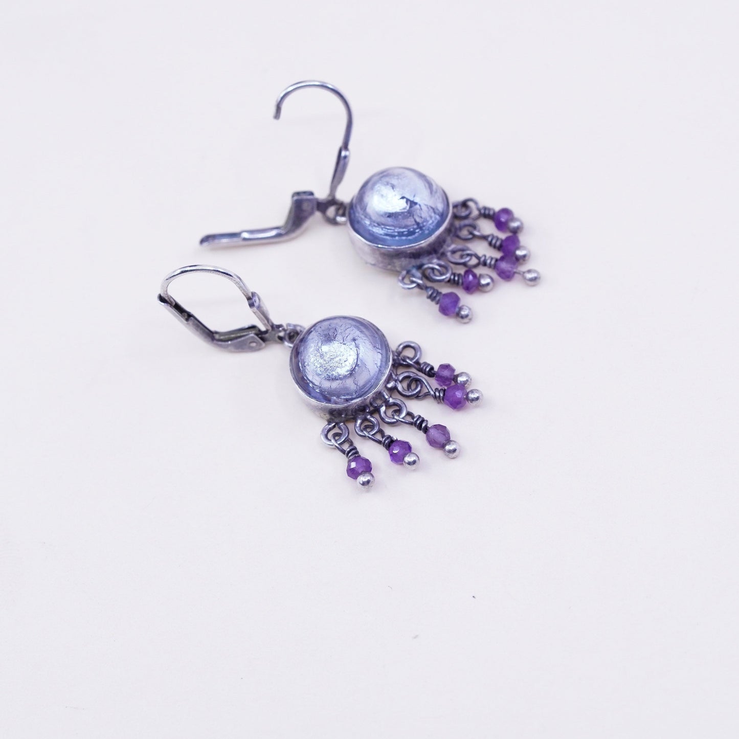 Sterling silver handmade earrings, 925 hooks with artisan glass and amethyst