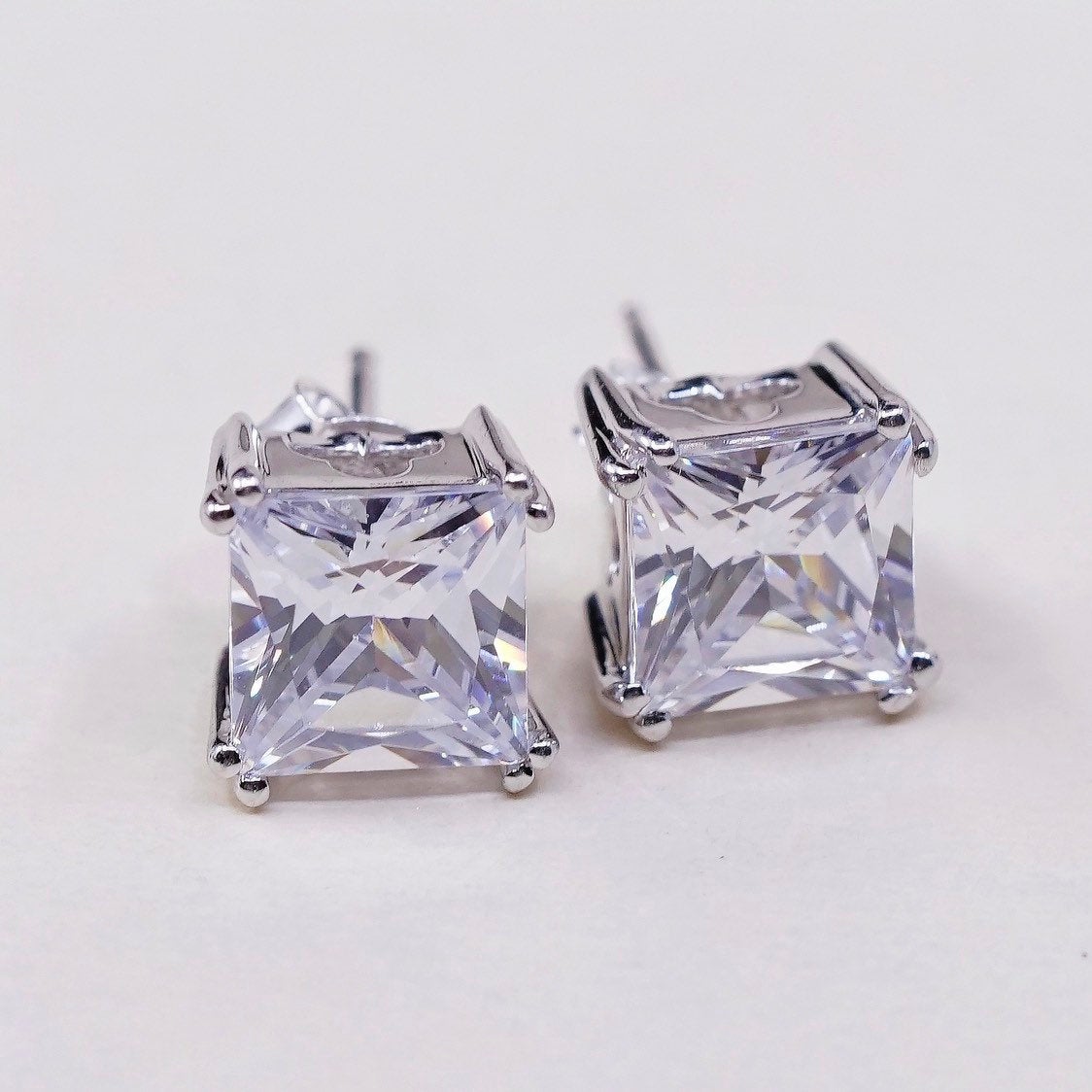 vtg sterling silver square clear CZ studs, fashion minimalist earrings