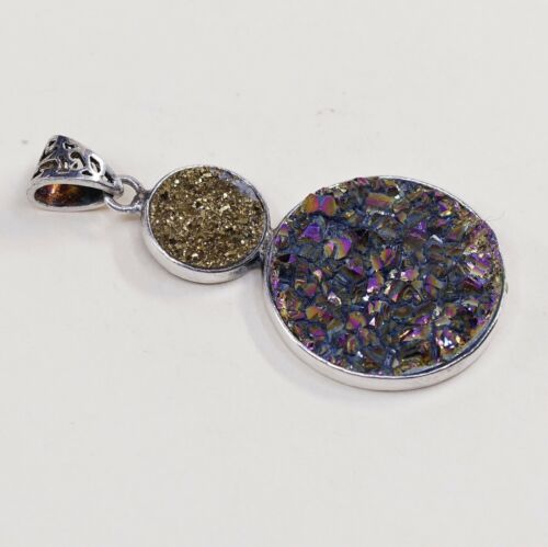 Vintage Sterling Silver Handmade Pendant, 925 Silver W/ Gold Metallic Druzy