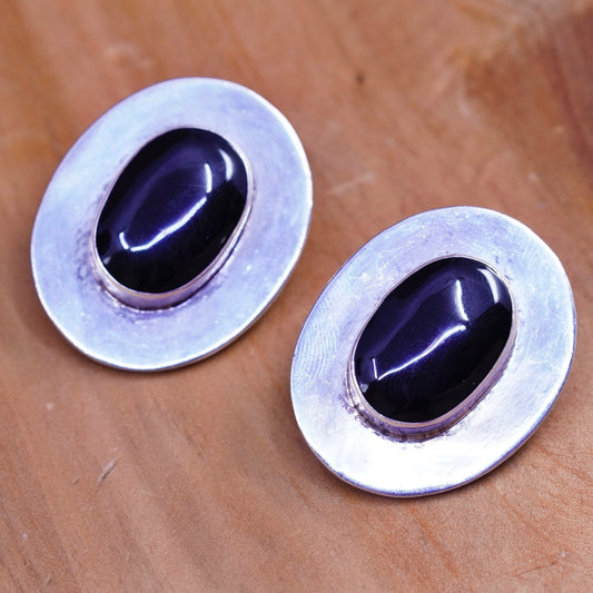 Mexico Sterling silver handmade earrings, 925 oval obsidian clip on