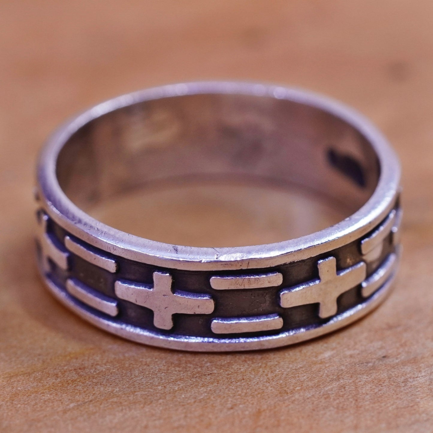 Size 11, vintage Sterling silver handmade ring, Hopi 925 relief cross band