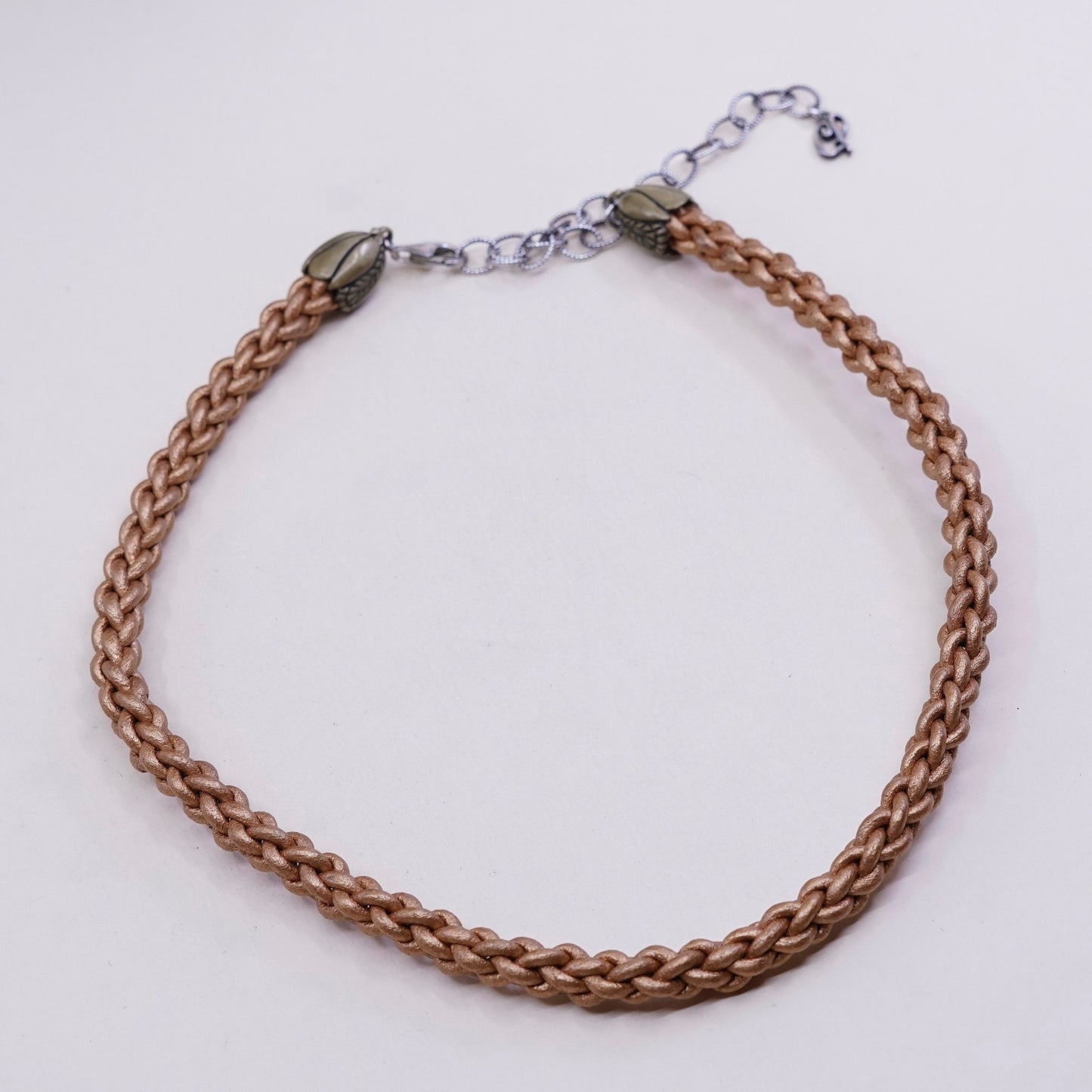 16+4”, choker collar necklace woven brown leather chain sterling 925 silver