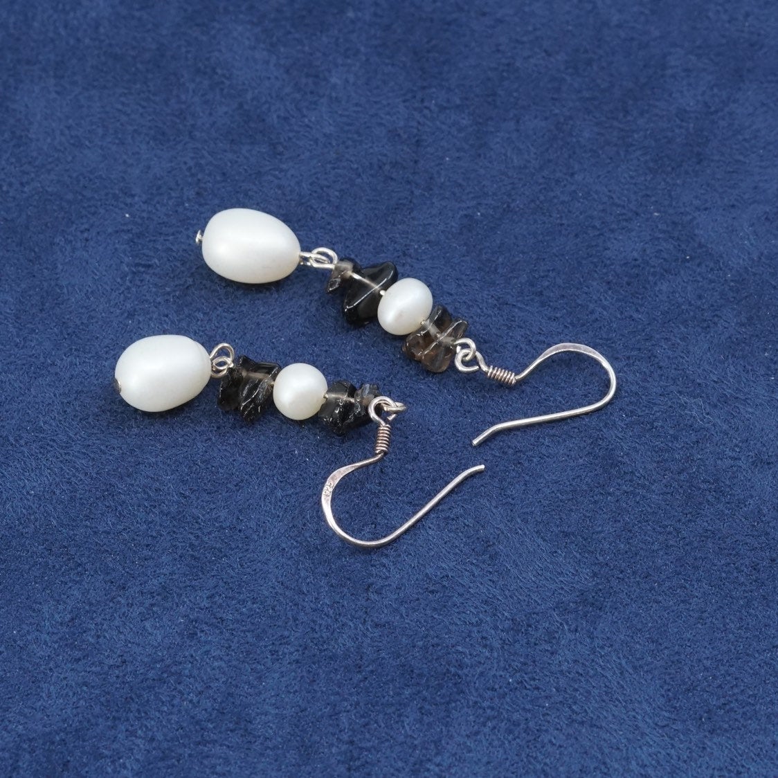 vtg Sterling silver handmade earrings, 925 w/ pearl and crystal drops