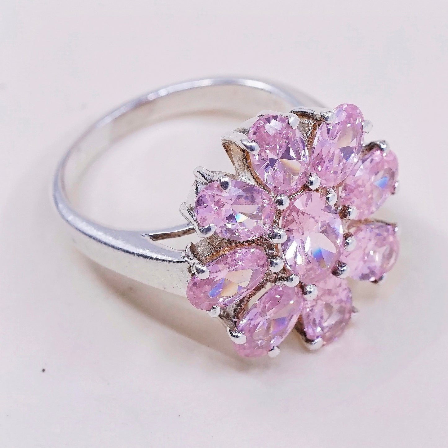 sz 6.5, VTG sterling 925 silver handmade ring with cluster pink crystal flower