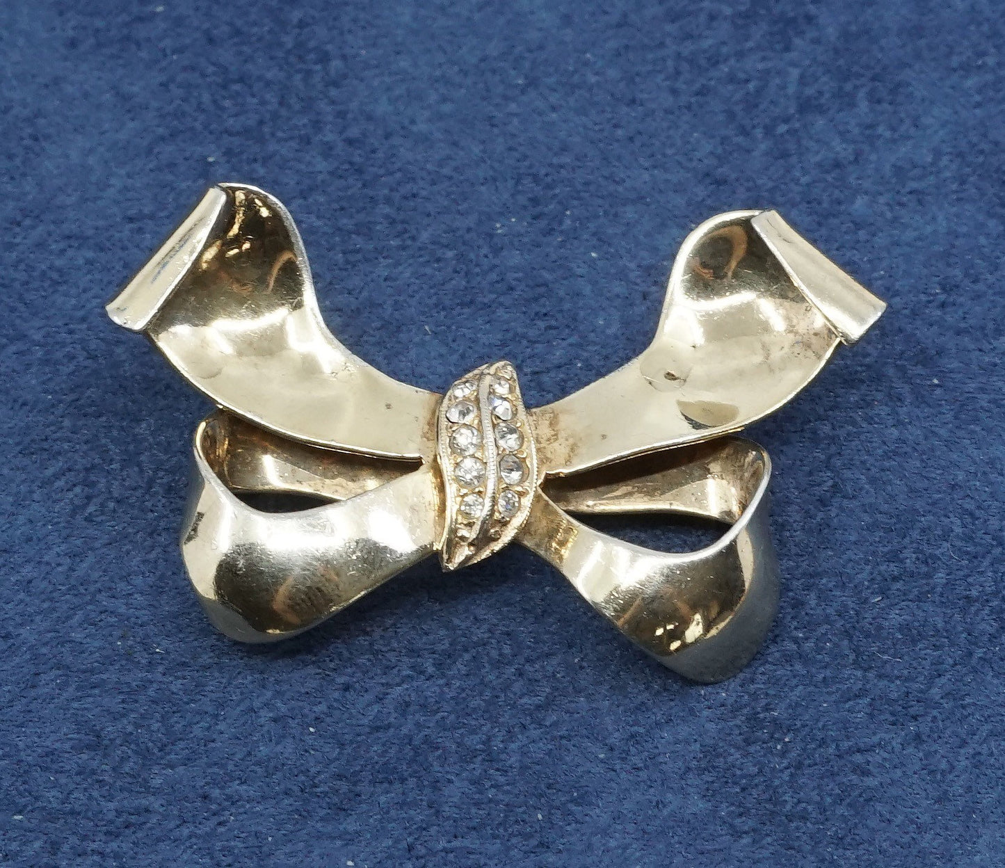 vtg vermeil gold over sterling silver handmade brooch, 925 bow pin w/ crystal