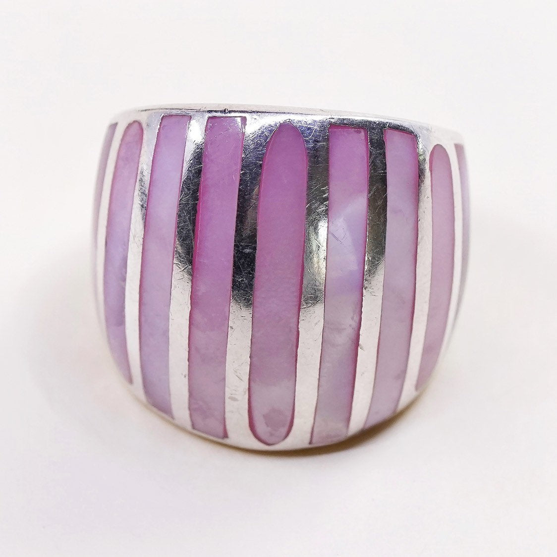 sz 7.5, sterling 925 silver handmade ring band w/ pink mother of pearl stripes